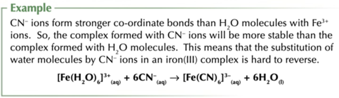 <p>- Ligands that form stronger bonds with the central metal ion</p><p>Eg; CN- forms stronger bonds with Fe ions than H2O</p><p>- Replacing monodentate ligands with multidentate ligands</p>