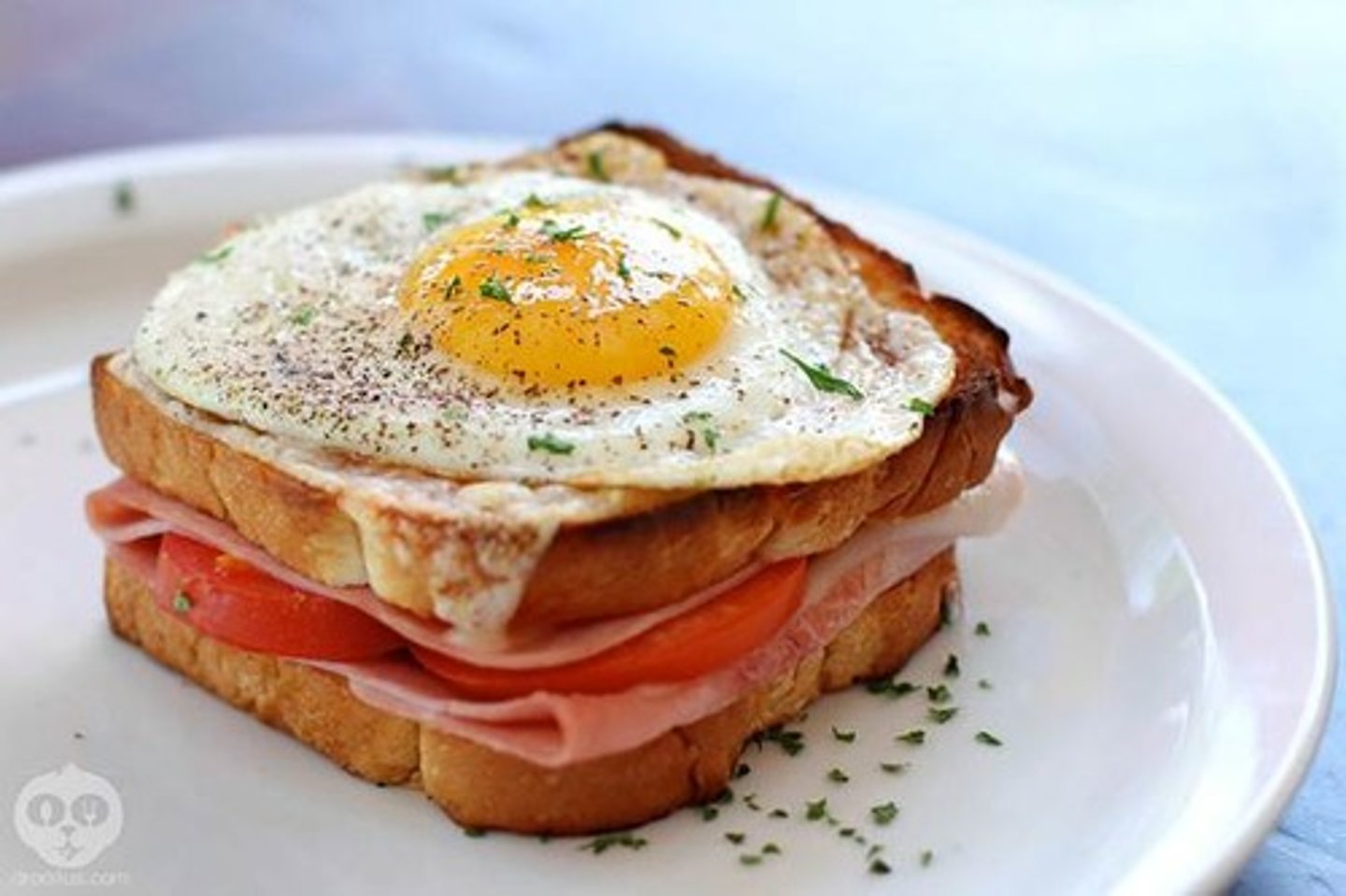 <p>a grilled ham and cheese sandwich with a fried egg on top</p>