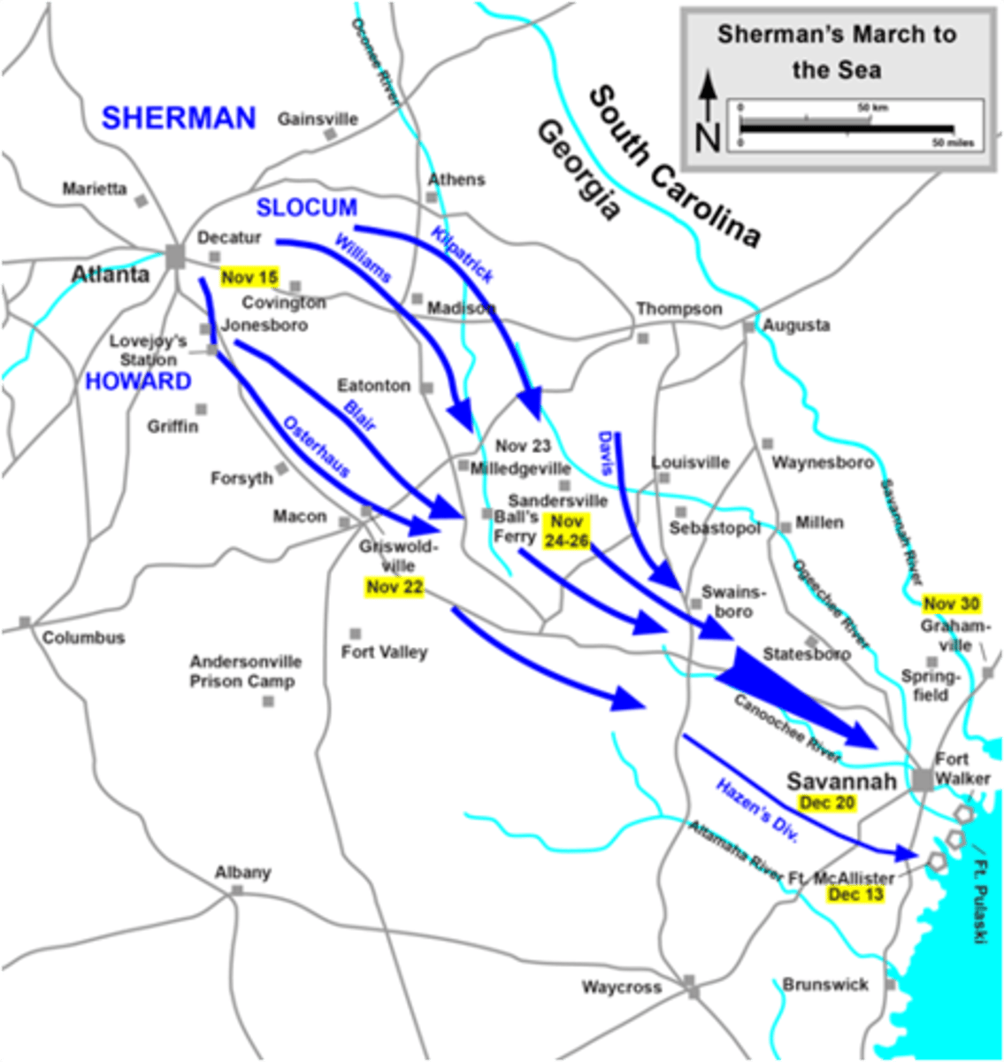<p>Union General William Tecumseh Sherman's destructive march through Georgia. An early instance of "total war," purposely targeting infrastructure and civilian property to diminish morale and undercut the Confederate war effort.</p>