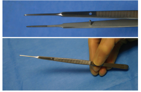 <p>Nickname: Gerald dressing forceps</p><p>Use: Grasps delicate tissue, vascular procedures</p><p>Features: Serrated handle, fine, tapered cross serrated jaws, teeth at tips, cross pin</p>