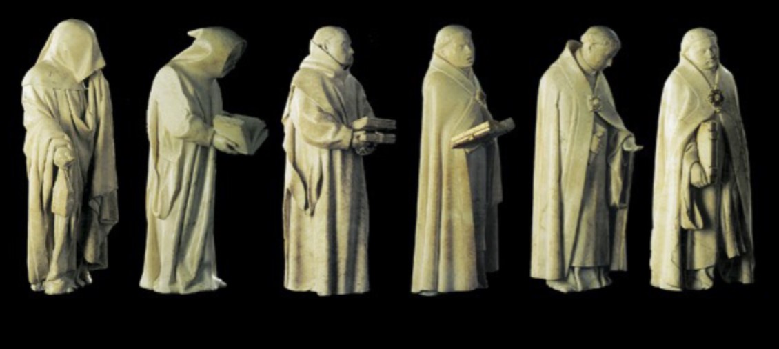 <p>les pleurants, (mourning figures), alabaster, Claus Sluter, 1414, Musee des Beaux-arts, Dijon, France</p>