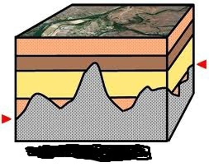 <p>This is an example of what kind of unconformity (the grey is igneous/metamorphic rock)?</p>