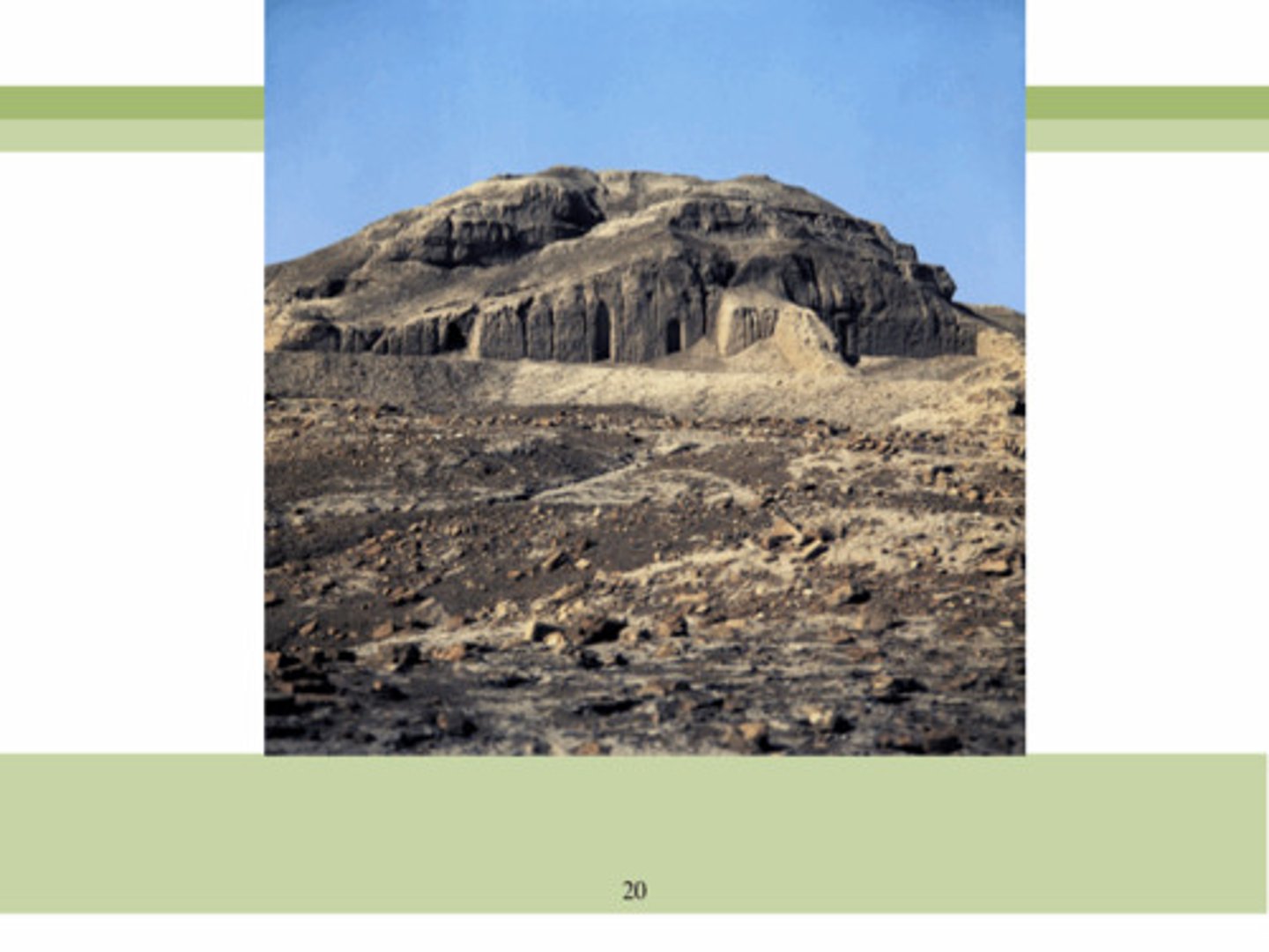 <p>Sumerian, 3500-3000 BCE, mud brick, Uruk. Elevated platform for temple; shows belief that gods reside above humans and temples were religious centers.</p>