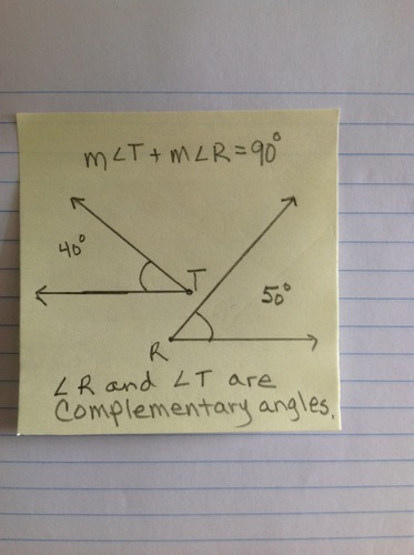Two angles whose measures add up to 90 degrees. These two angles do not have to share any points.