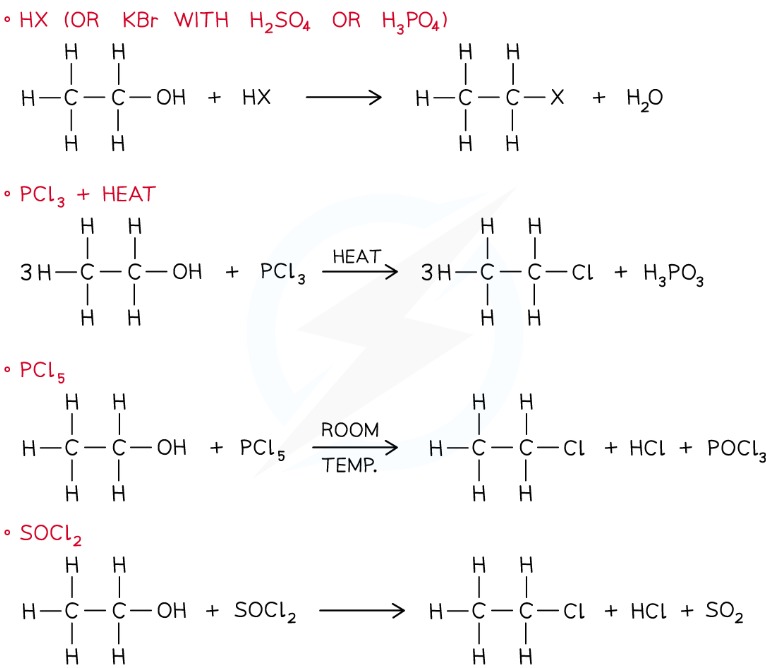 <ul><li><p>In the <strong>substitution </strong>of alcohols, a hydroxy group (-OH) is replaced by a halogen to form an <strong>halogenoalkane</strong></p></li><li><p>The substitution of the alcohol group for a halogen can be achieved by reacting the alcohol with:</p><ul><li><p><strong>HX</strong> (rather than using HBr, KBr is reacted with H<sub>2</sub>SO<sub>4</sub> or H<sub>3</sub>PO<sub>4</sub> to make HBr that will then react with the alcohol)</p></li><li><p><strong>PCl<sub>3</sub></strong> and heat</p></li><li><p><strong>PCl<sub>5</sub></strong> at room temperature</p></li><li><p><strong>SOCl<sub>2</sub></strong></p></li></ul></li></ul><p></p>