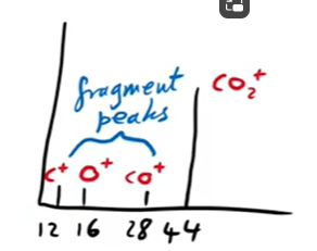 <ul><li><p>The peak at 44 shows you a molecule that has an mr of 44. It can be assumed that it is co2. This peak is called a molecular ion M<sup>+</sup> </p></li><li><p>The rest of the peaks depict other parts of the molecule that have been ionised </p></li><li><p>The other peaks give you the mr of the atoms in the molecule that help figure out what that the molecule is </p></li><li><p>The peak at 12 (mr of carbon) tells you there is a carbon in the molecule</p></li></ul><p></p>