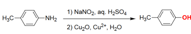 <ul><li><p>The aniline is converted to a diazonium salt under acidic nitrosation conditions.</p></li><li><p>Copper(I/II) oxides in water promote substitution of the diazonium group.</p></li><li><p>The –N₂⁺ group is displaced by OH, releasing N₂ gas.</p></li><li><p>Final product is a phenol retaining all original aromatic substituents.</p></li></ul><p></p>