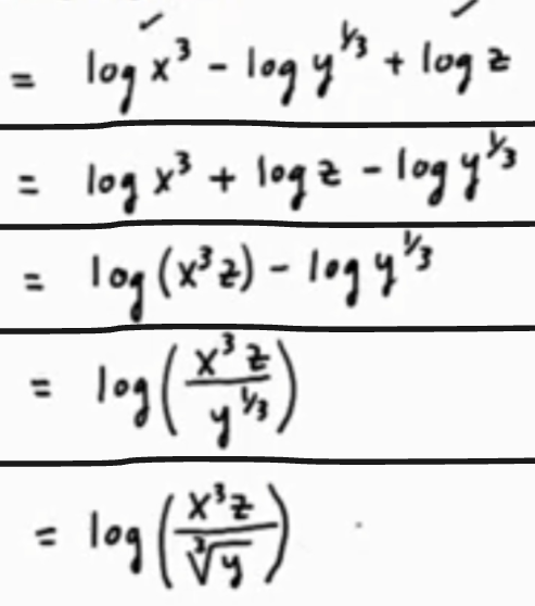 <ol><li><p>Power property of logarithms</p></li><li><p>Product property of logarithms</p></li><li><p>Quotient property of logarithms</p></li><li><p>(Optional) n-th root rule to rid of fractional exponent </p></li></ol><p></p>