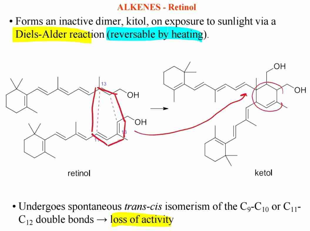 <p>A:Retinol is crucial for vision and is sensitive to oxidation, forming inactive dimers upon exposure to light.</p>