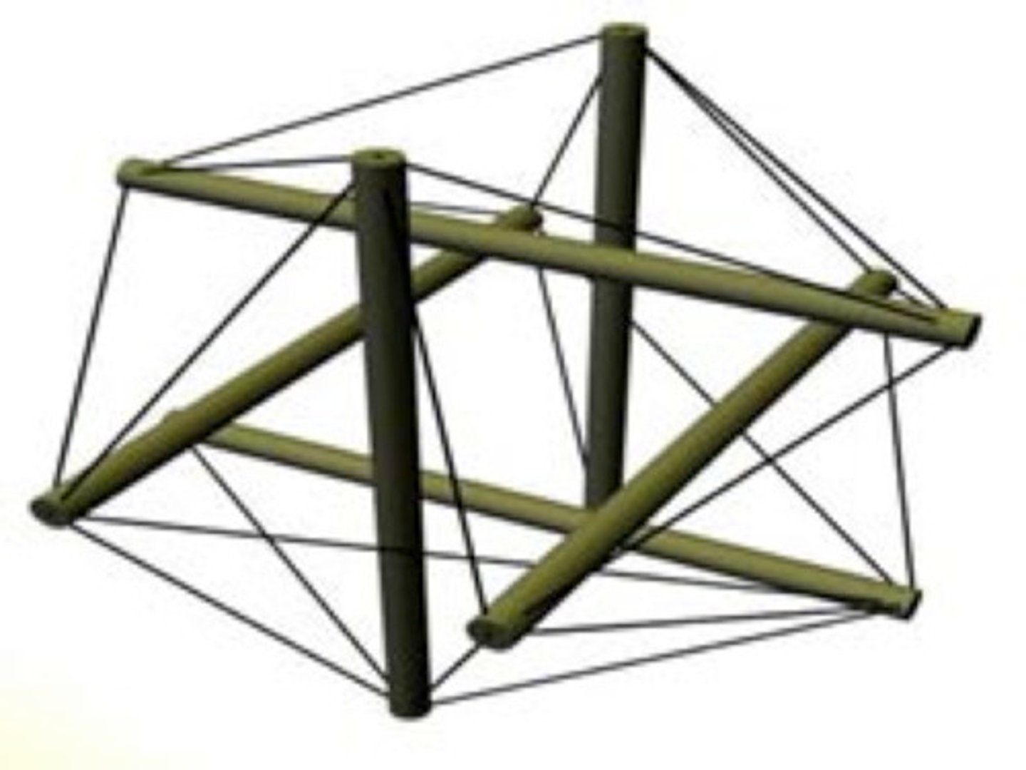 <p>a closed skeletal structure system composed of a set of three or more discontinuous compressive struts within a network of tensile tendons; no structural member experiences bending</p>