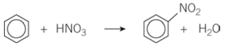 <p>Benzene + HNO<sub>3</sub> → Nitrobenzene + H<sub>2</sub>O</p><p>C<sub>6</sub>H<sub>6</sub> + HNO<sub>3 </sub>→ C<sub>6</sub>H<sub>5</sub>NO<sub>2</sub> + H<sub>2</sub>O</p>