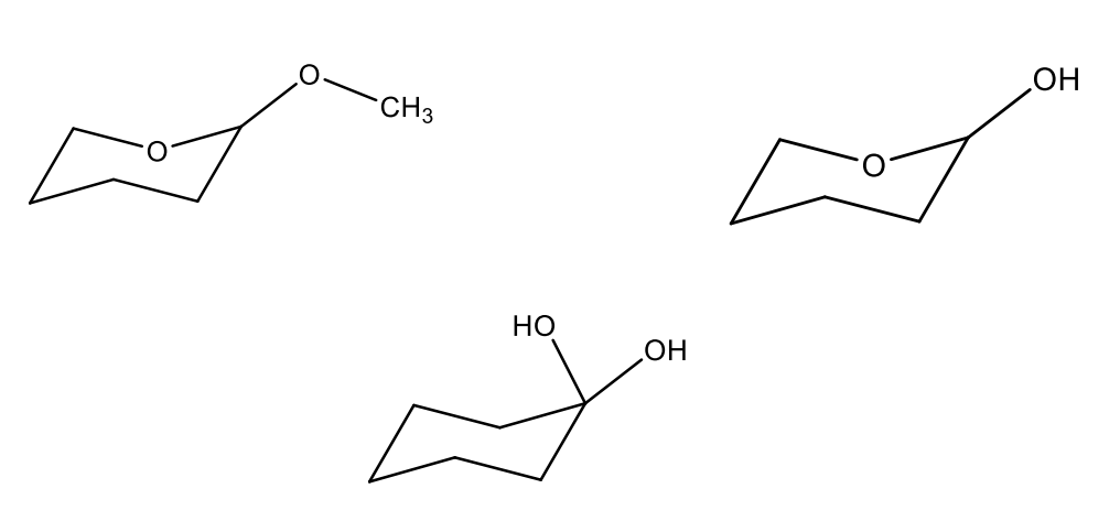 <p>Identify each compounds as either a hydrate, hemiacetal, or acetal.</p>