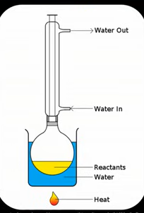 <ul><li><p>Liebig condenser has cold water running through the walls </p></li><li><p>When hot evaporating substances hit the condenser they turn back into a liquid and return back to round bottomed flask to react further </p></li></ul><p></p>