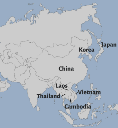 <p>East Asia - China, Japan, Korea</p><p>Southeast Asia - Thailand, Laos, Cambodia, Myanmar, Vietnam</p>