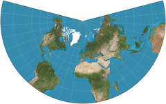 <p>a map created by projecting an image of Earth onto a cone placed over part of an Earth model</p>