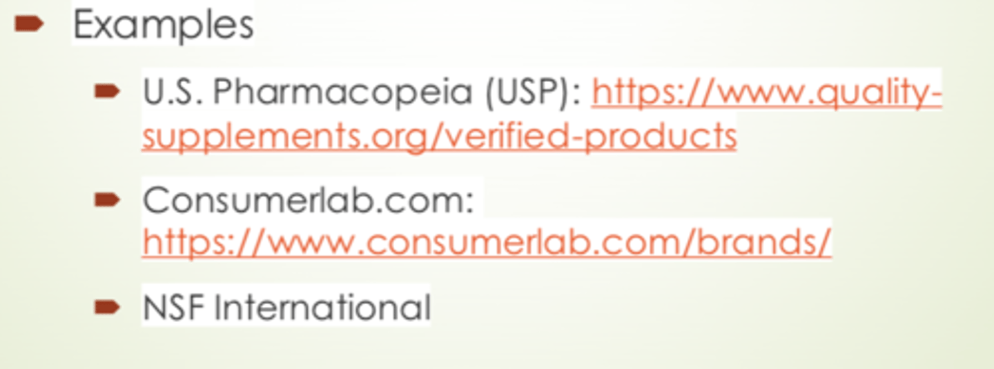 <p>- voluntary</p><p>- manufacturers pay to have their products tested</p><p>- only single batches tested at a time, safety and efficacy not guaranteed</p><p>- indicate whether the DS product contents match the label contents</p>