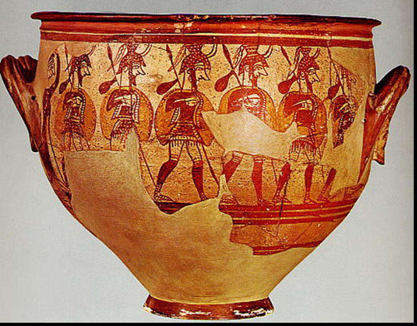 <p>Ceramic krater from the Late Bronze Age (ca. 1200 BCE); depicts armed warriors; reflects militarization before Mycenaean collapse.</p>
