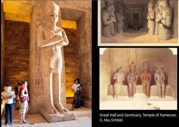 <p>Great hall of the temple of Ramesses II, Abu Simbel, with Osiride figures </p><p>Great Hall and Sanctuary, Temple of Ramesses<br>II, Abu Simbel.</p><p>Gets more narrow as you go farther in, used to be painted, all the statues are of Ramesses</p><p><br></p>