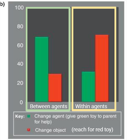 <ul><li><p>within-agents condition: toy works half the time</p><ul><li><p>“broken toy” = change toy</p></li></ul></li><li><p>between-agents condition: toy works with specific people </p><ul><li><p>“person-specific” = change agent</p></li></ul></li><li><p>18mo either change object (new toy) or agent (give to parent)</p></li></ul><p></p><p><span style="color: green;"><strong>18mo infer causes of their own failures</strong></span></p><p></p>