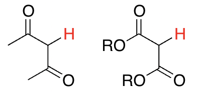 <p><strong>Hydrogens on carbons adjacent to two C=Os</strong></p>