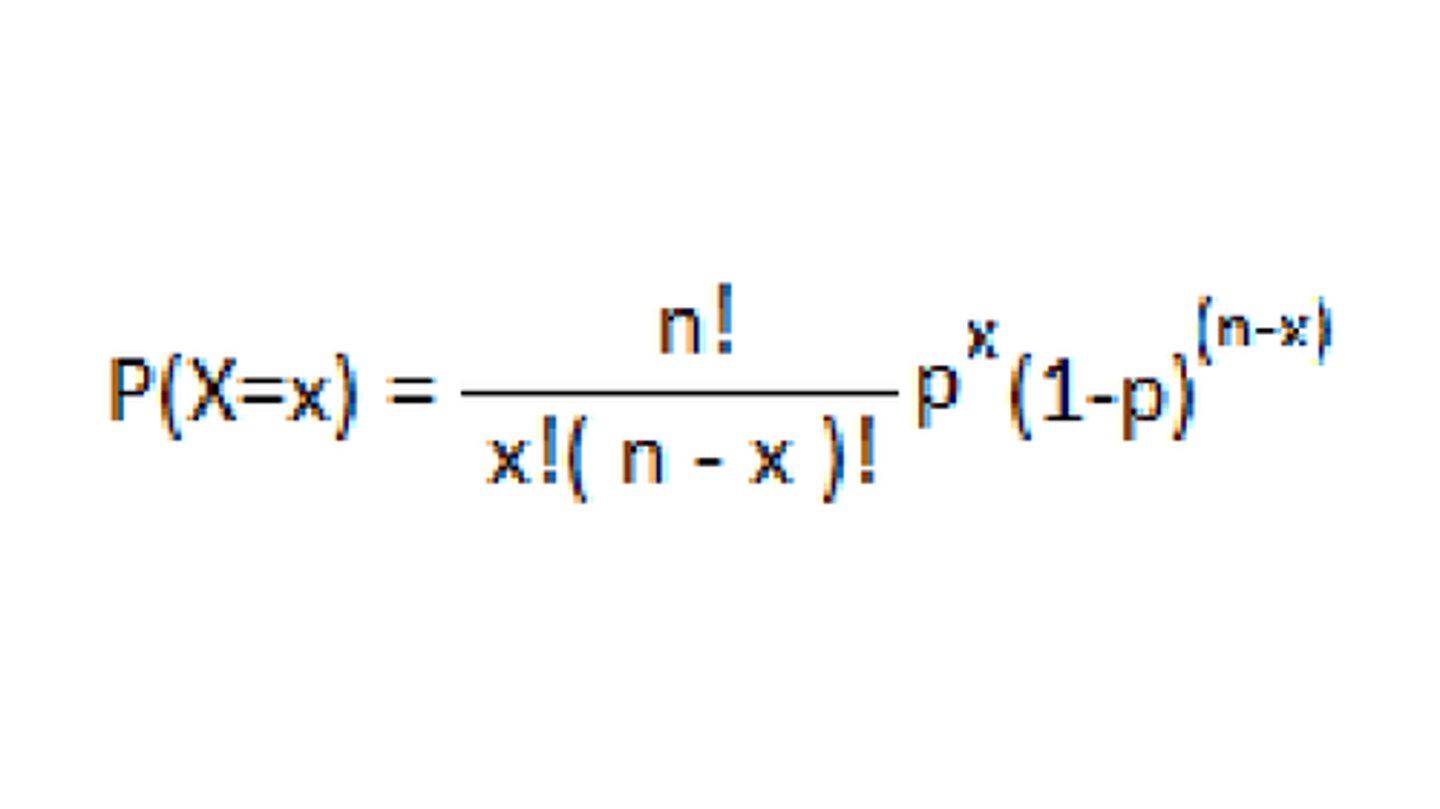 <p>identical trials with only 2 possible outcomes</p><p>(picture) with p = success prob per trial, N is the number of trials, x is the number of successes</p><p><x> = Np</p><p>var(x) = <x²> -<x>² = Np(1-p)</x></x²></x></p>