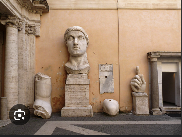 <p>Basilica of Maxentius and Constantine (Basilica Nova). - Constantine, head and fragments from a colossal statue</p>