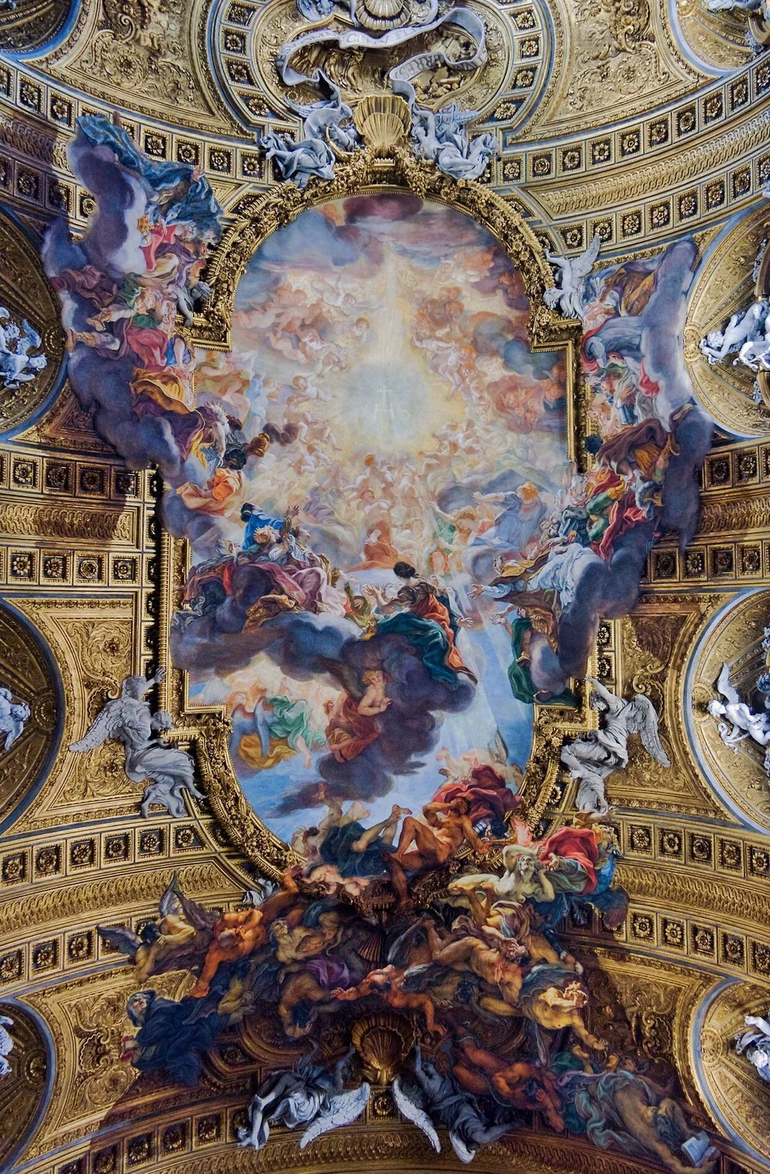 <p>Il Gesù, including Triumph of the Name of Jesus ceiling fresco</p><p>Rome, Italy. Giacomo da Vignola, plan (architect); Giamcomo della Porta, facade (architect); Giovanni Battista Gaulli, ceiling fresco (artist). Church: 16th century C.E.; facade: 1568-1584 C.E.; fresco and stucco figures: 1679-1679 C.E. Brick, marble, fresco, and stucco</p><p>Baroque</p>