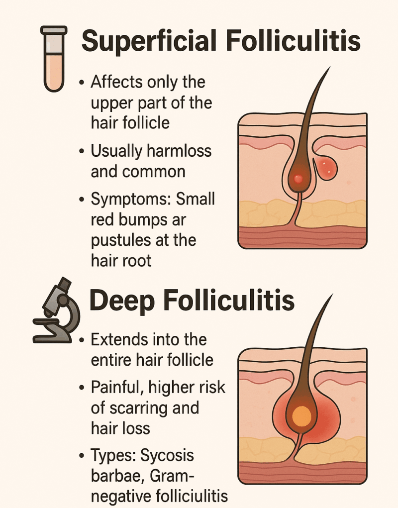 <p>PP: inflamed hair follicles<br>-superficial<br>-deep<br>anywhere there are hairs</p><p>E: infection<br>occlusion<br>irritation<br>s. aureus<br>malassezia</p><p>CM: tender red perifollicular papule<br>with surface pustule</p><p>TX:<br><u>s. aureus:</u><br>PO cephalexin<br>PO cefadroxin<br>topical mupirocin</p><p><u>malassezia:</u><br>econazole<br>ketoconazole<br>selenium sulfide</p><p><u>systemic:</u> fluconazole</p>