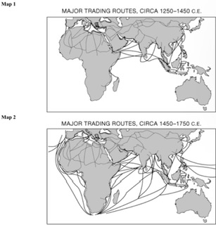 <p>The key difference between Map 2 and Map 1 is that</p><p>A. Europeans had entered the sea trade.</p><p>B. the Chinese dominated trade.</p><p>C. trade in the Indian Ocean had diminished.</p><p>D. land trade routes had become obsolete.</p>