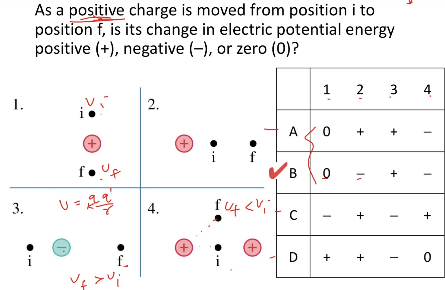 <p>As a positive charge is moved from position i to position f, is its change in electric potential energy positive (+), negative (–), or zero (0)?</p><p>   1   2  3  4</p><p>A 0  +  +  −</p><p>B 0  −  +  −</p><p>C −  +  −  +</p><p>D +  +  −  0</p><img src="blob:null/a828ca7e-b9df-4fa9-98f2-16009b017926">