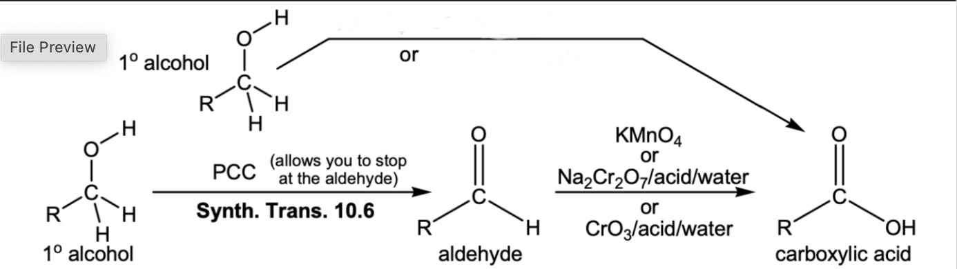 <p>Oxidation of 1 degree alcohol or aldehyde to a carboxylic acid</p>