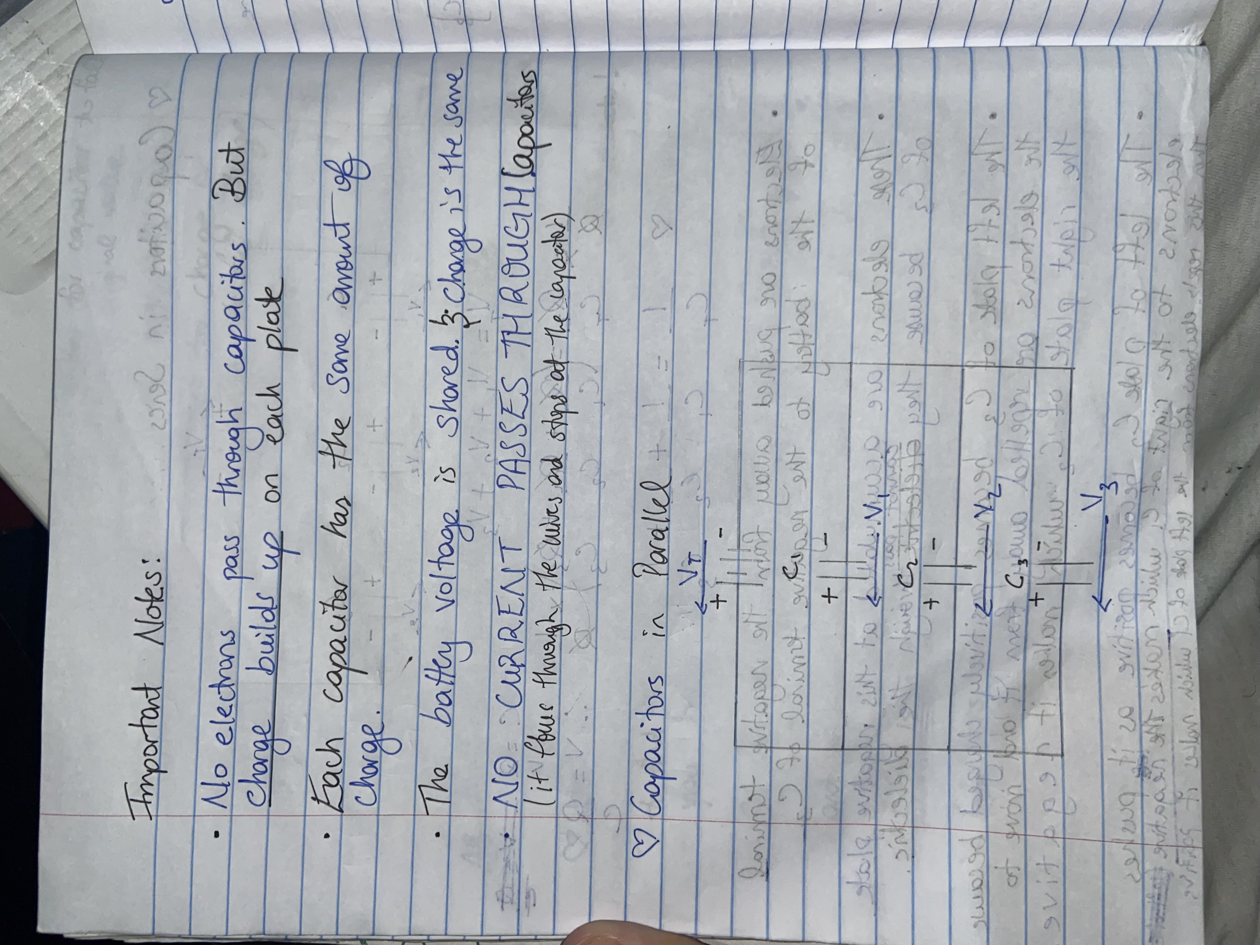 <ul><li><p>Draw and give equation for capacitors in parallel</p></li><li><p>Describe what’s going on</p></li></ul>