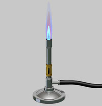 <p><span>A metal heating device connected to a gas outlet with rubber tubing; used to heat chemicals in beakers or test tubes; has adjustable air-hole allowing some control of temperature</span></p>