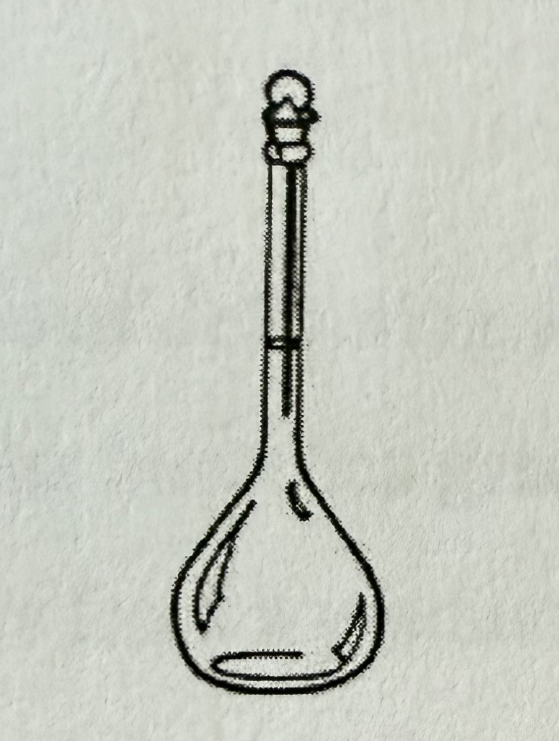 <p>Flask with a long neck and single calibration mark, used to prepare solutions of precise volume.</p>