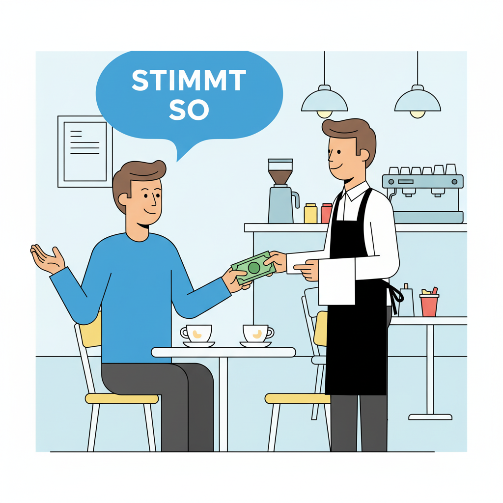<p>“It’s correct like this”<br>actual : Keep the change.<br><br>Machen sie ___ Euro.<br><strong>Meaning:</strong> Make it ___ euros. </p><p><strong>Usage:</strong> This is the <em>other</em> common way to tip. You state a total amount (bill + tip) that you want to pay. The waiter will then calculate the change based on this new total. <strong>Example:</strong> The bill is 8.50€. You say, "<strong>Machen Sie 9 Euro</strong>." You give them a 10€ note, and you get 1€ back.</p>