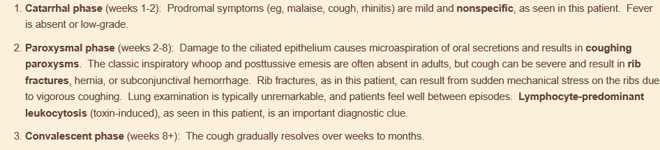 <p>pertussis. <strong>look for stepwise illness!</strong></p>