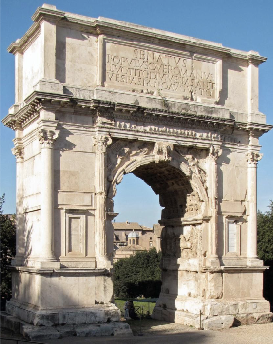 via sacra, Rome (81 CE), the senate and people of Rome have dedicated this to Titus bc he was defied. it has engaged columns with composite capitals and victory figures, an attic, arch (a shallow vault). reliefs on the sides show triumph of the victory over Jerusalem. looking towards capitoline hill. 