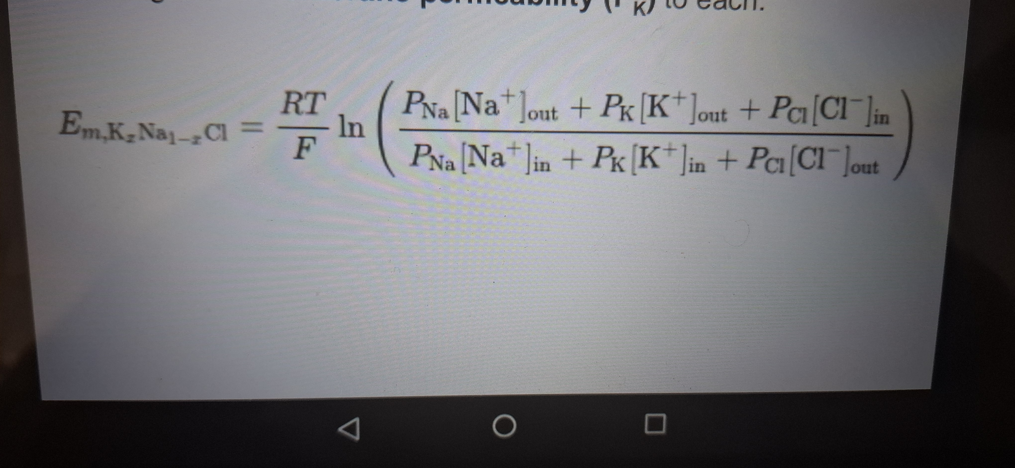 <p>Predicts voltage potentials that are quite close to Observed resting potentials.</p><p class="has-focus">Takes into account intracellular and extracellular concentrations of several ions and the degree of membrane permeability to each.</p>