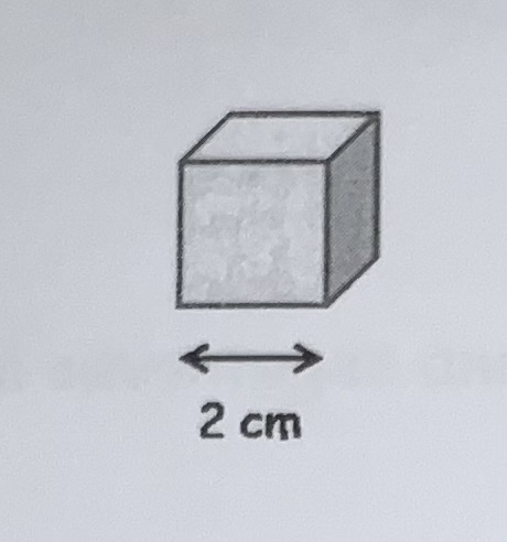 <ul><li><p>Surface area: 2×2×6 = 24 cm<sup>2</sup></p></li><li><p>Volume: 2×2×2 = 8cm<sup>3</sup></p></li><li><p>Surface to volume ratio: 24 / 8 = 3 </p></li></ul><p></p>