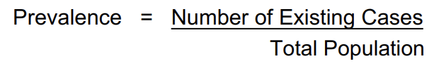 <p>the <strong>portion of a population</strong> that has a specific condition or disease at a given time</p><ul><li><p>typically expressed as a <strong>percentage</strong> or as a <strong>fraction per 1000 or 100,000</strong> <strong>people </strong>(depending on the context)</p></li></ul><p></p><p>Ex: Prevalence of DS = 1 in 1000 pregnancies ( for every 1000 pregnancies, 1 has DS = 0.1%)</p>