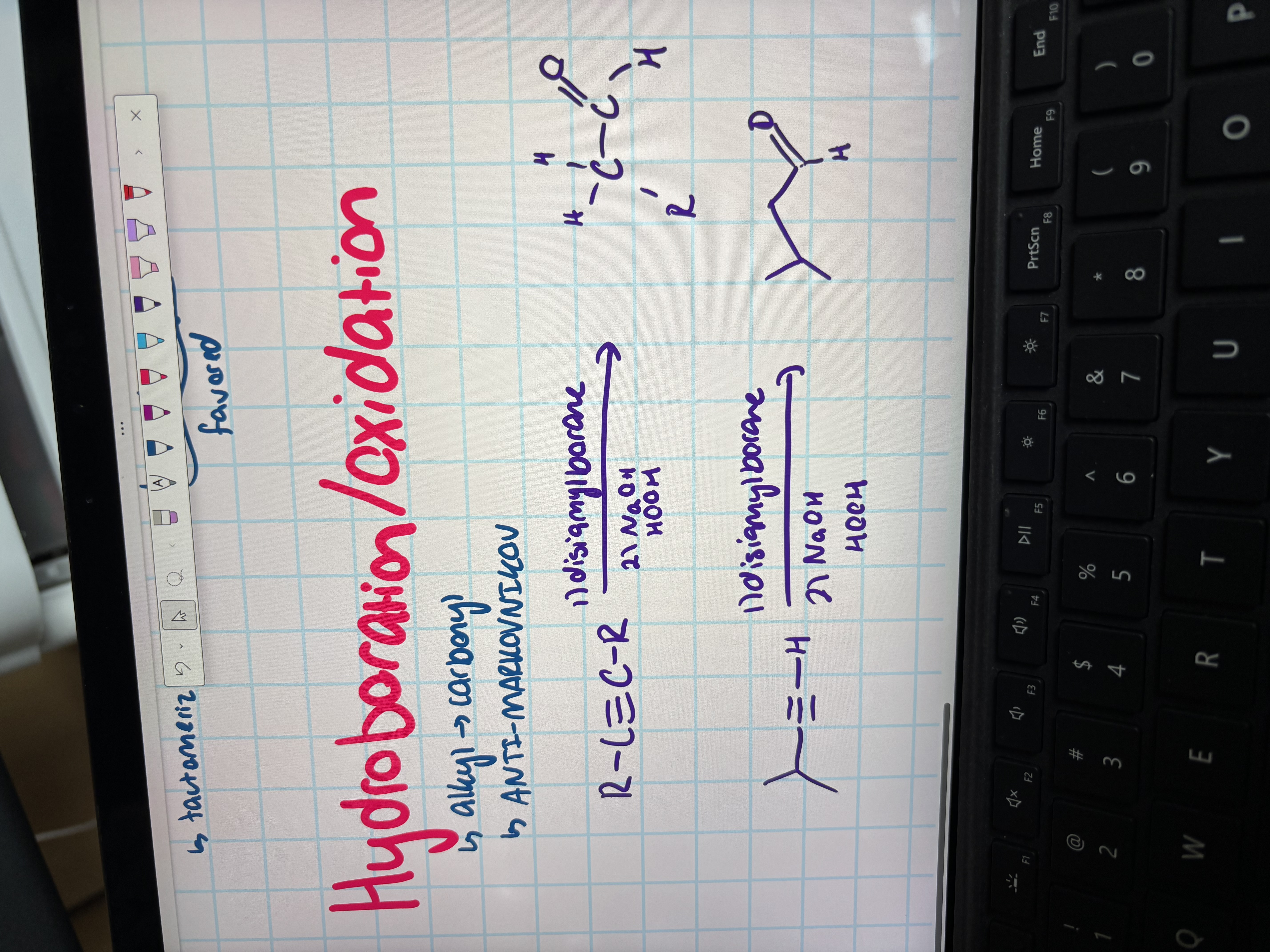 <ul><li><p>alkyl to carbonyl </p></li><li><p>antimarkovnikov </p></li><li><p>used disiamylborane in step 1 then NaOH and HOOH in step 2</p></li></ul><p></p>