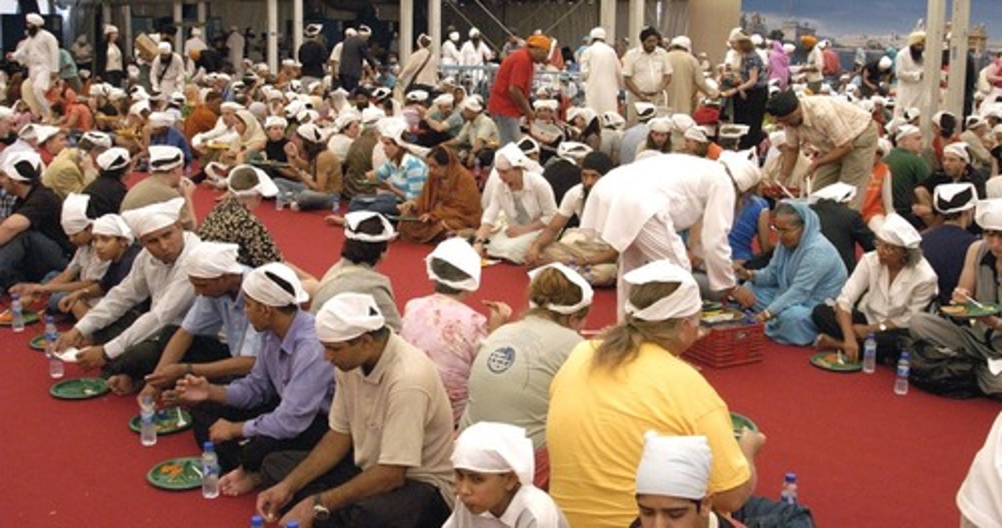 <p>free open kitchen in every sikh temple (gurdwara). all set in same pangat (row) to share and enjoy food together.</p><p>-food is vegetarian to invite everyone in.</p><p>-a symbol of unity and equality, everyone no matter religion or race is welcome</p><p>-communal contribution and help helps organize this, on the 3 golden rules</p>
