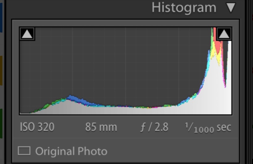 <p>If a histogram peaks, like at the right, problems can occur with the shot. This is called:</p>