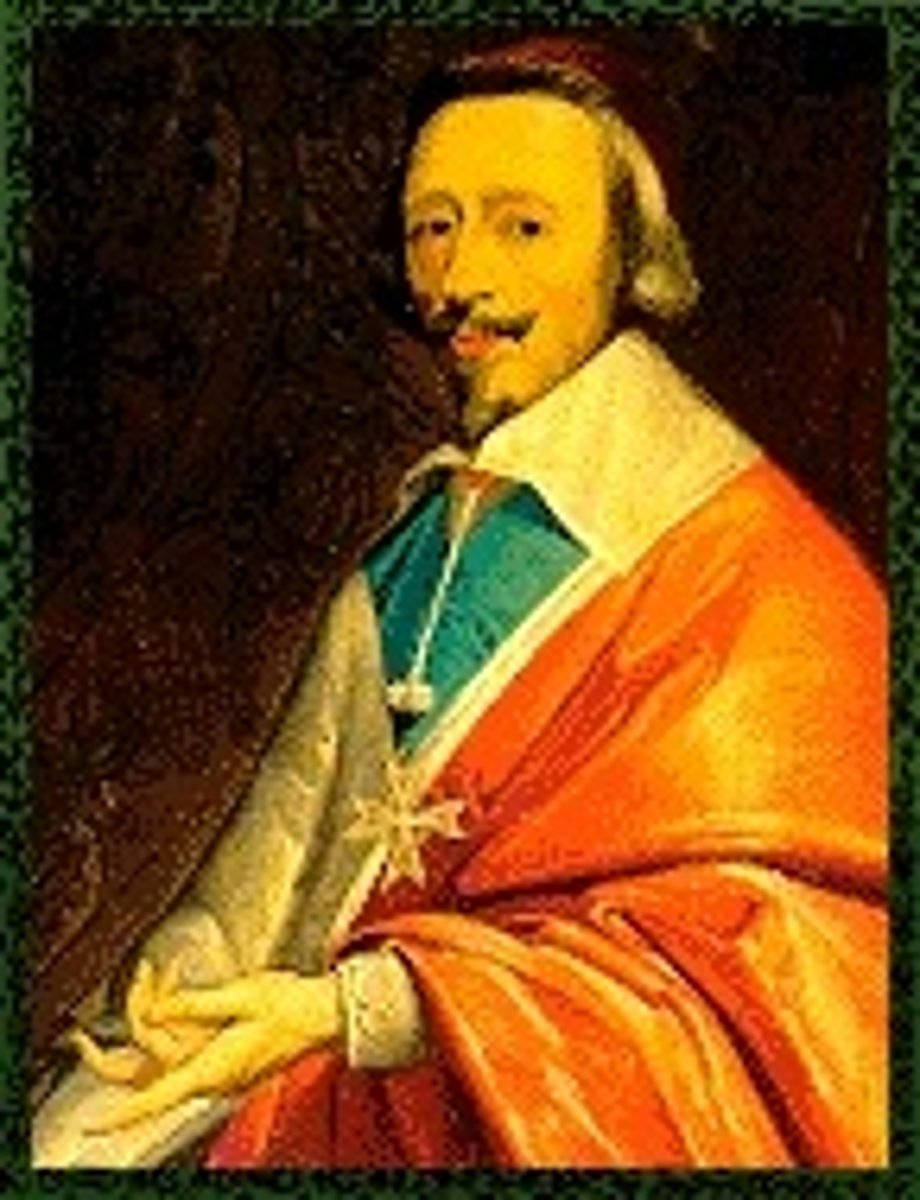 <p>a. Catholic cardinal<br>b. France<br>c. He advised King Louis XIII during the Thirty Years' War, and made the fateful decision to back the Protestant Swedes in their war against the Catholic armies of the Holy Roman Empire. This final, nationalistic, phase of the war was the most deadly.</p>