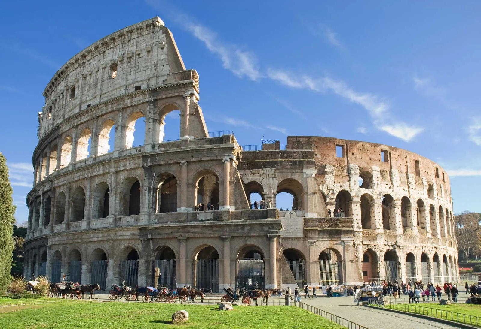 <p>Colosseum (Flavin Amphitheater)</p><ul><li><p>Rome, Italy</p></li><li><p>. Imperial Roman.</p></li><li><p>70-80 C.E.</p></li><li><p>Stone and concrete</p></li></ul><p>The Colosseum is famous for it&apos;s human characteristics. It was built by the Romans in about the first century. It is made of tens of thousands of tons of a kind of marble called travertine.</p>