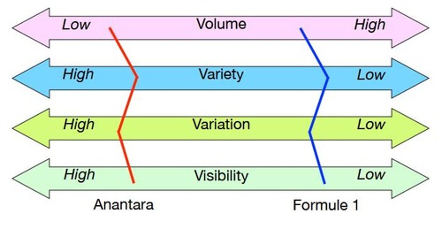 <p>Volume of output, Variety of output, Variation in demand for output, Visibility of creation of output to customers.</p>