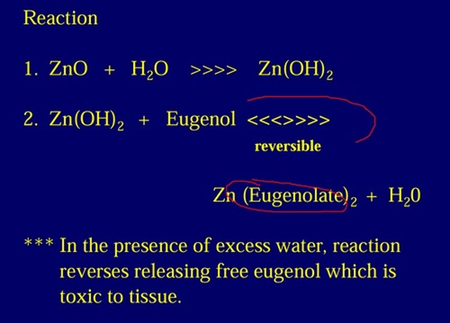 <p>the reaction can reverse resulting in a release of free eugenol</p>