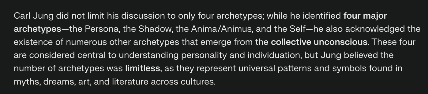 <ol><li><p>Persona</p></li><li><p>Shadow</p></li><li><p>Anima/ Animus</p></li><li><p>Self</p></li></ol>
