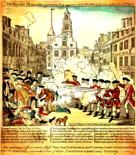 <p>5. How does the image portray the Boston Massacre?</p><p>a. Like the British seem like the vicious aggressors</p><p>b. Like the Colonists seem like they were attacked</p><p>c. Like a peaceful protest that was interrupted</p><p>d. All of the above</p>