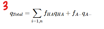 <ol><li><p>Identify all ionizable groups on the molecule &amp; their charge when protonated (q<sub>HA</sub>) and deprotonated (q<sub>A-</sub>).</p></li><li><p>Use the known pK<sub>a</sub> of each group to determine the fraction protonated (f<sub>HA</sub>) and deprotonated (f<sub>H-</sub>) at the required pH.</p></li><li><p>Calculate the overall charge by summing the contribution of each group using the following formula. q<sub>Total</sub>=<strong>∑</strong>f<sub>HA</sub>q<sub>HA</sub> + f<sub>A-</sub>q<sub>A-</sub></p></li></ol><p></p>